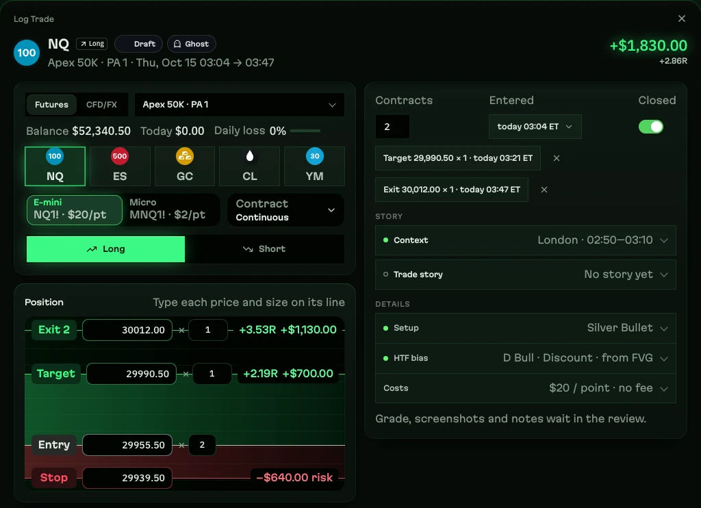 The daqverse trade ticket with sample data: a long NQ trade on an Apex 50K account, entry, stop, target and a second exit on one price ladder with risk, R and dollars worked out, and the London macro window filled in from the entry time.