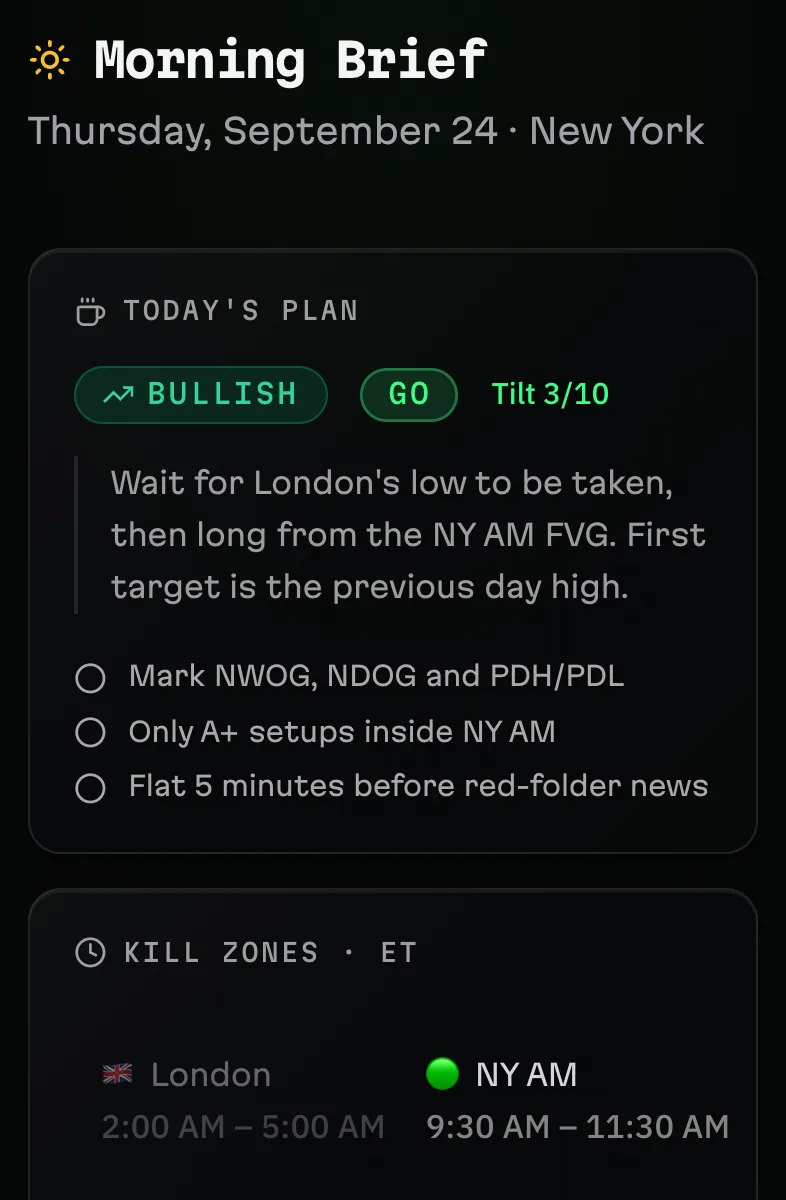 Plan the day: Your plan, the kill zones and the red-folder news, the next one counting down.