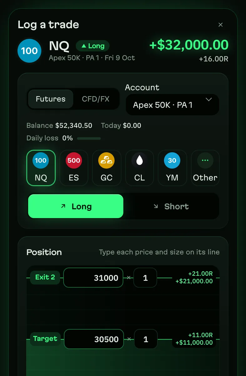 Log a trade: Pick the market and your levels; risk, R and P&L work themselves out.